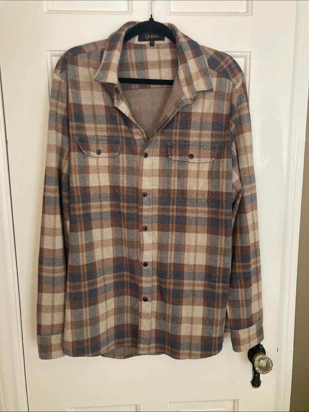 Quince Men’s Plaid Button-Down Shirt in Beige and Blue